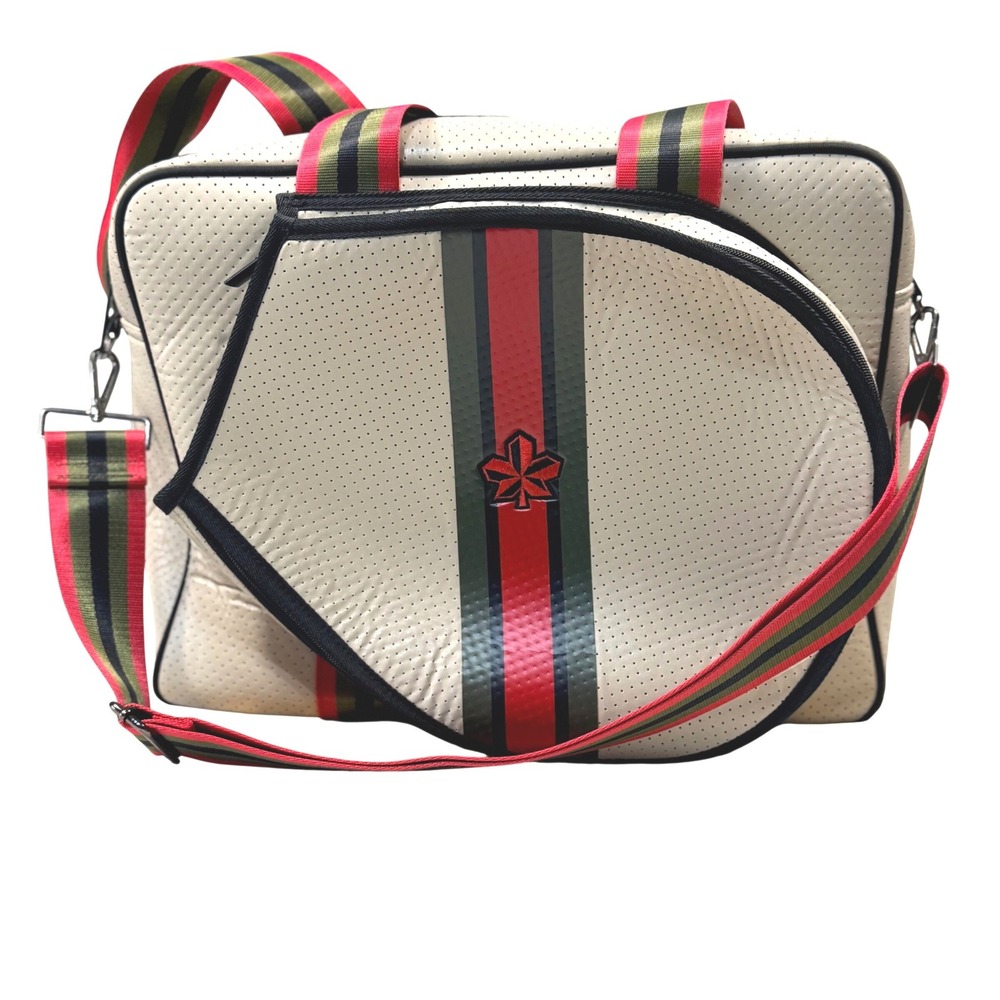 Haute Shore Pickleball Paddle Bag Cream Perforated Neoprene Stripe Crossbody